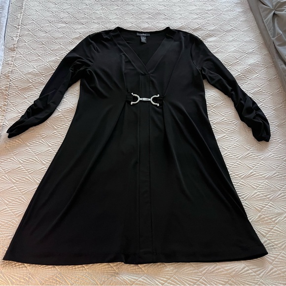 Alfani Black Dress Tunic Top A Line 3/4 Sleeve Silver Metal Waist Accent Sz M - Picture 4 of 8